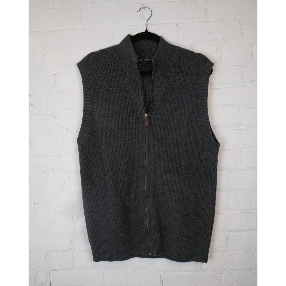 Kallspin Mens Full Zip Cardigan Sweater Vest Charcoal Gray Wool Blend Large